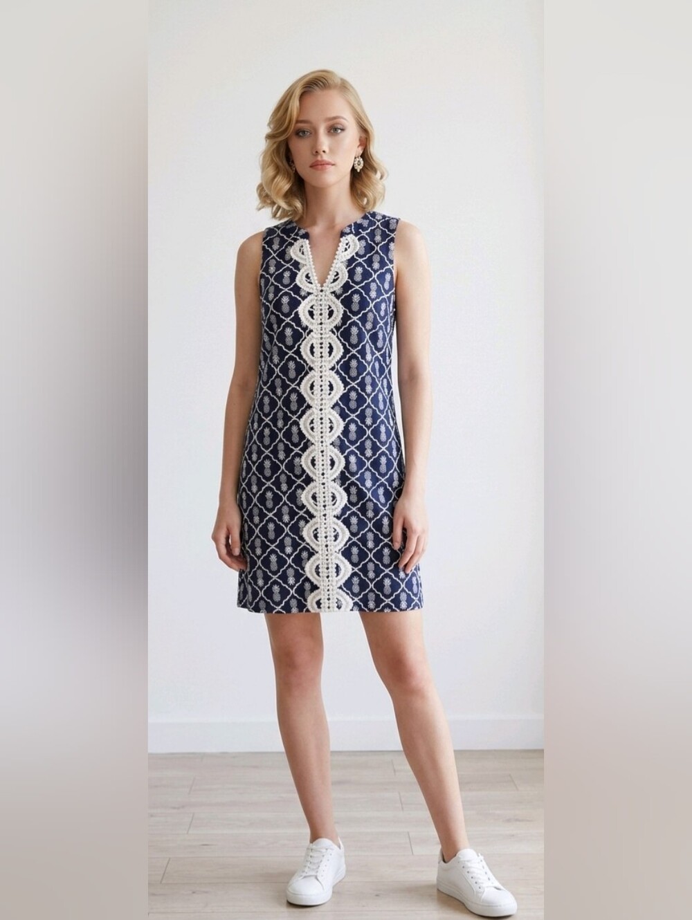 Crown & Ivy Callista Navy Blue Lace Trim Shift Dress | Sleeveless Preppy Classic